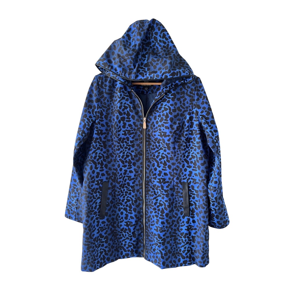 Dennis Basso Blue Leopard Print Hooded Raincoat Jacket Animal Print Zip